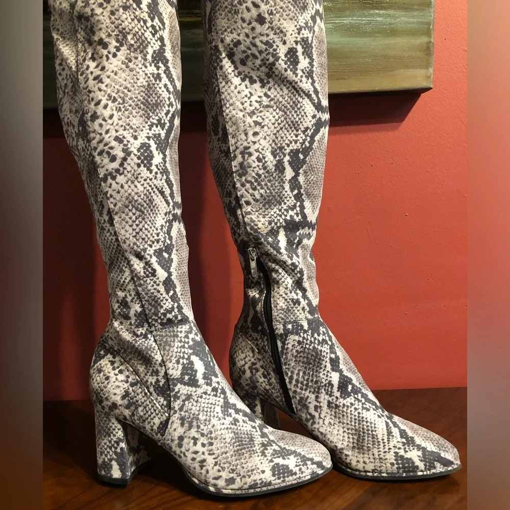 Snake-Print Over-the-Knee Block Heel Boots - Women